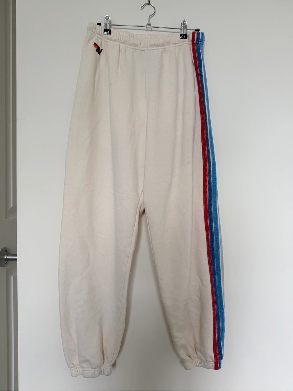 Aviator Nation Cream Sweatpants with Blue and Red Side Stripes